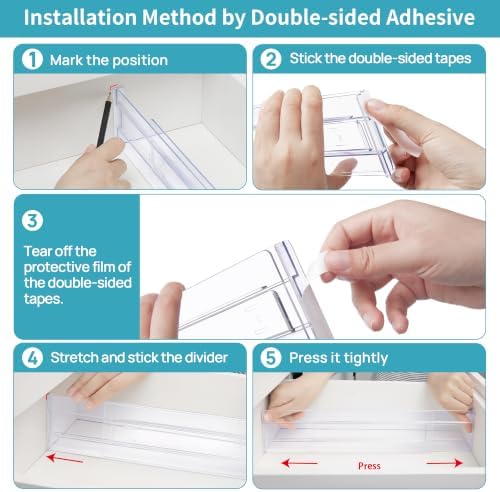 Vtopmart Drawer Dividers Organizers 8 Pack, Adjustable 3.2" High Expandable from 12.2-21.4" Kitchen Drawer Organizer, Clear Plastic Drawers Separators for Clothing, Installed by Double-sided Tape - Image 3
