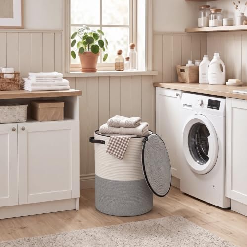 Laundry Basket with Lid, 15"x20" Tall Woven Blanket Storage for Living Room Bedroom, Round Baby Nursery Hamper with Zipper, Toy Bin, Large Cute Covered Clothing Basket for Towels, Shoes, Gray - Image 7