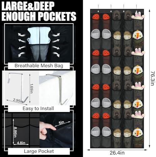 Windyun 2 Pcs 40 Pocket Over the Door Shoe Organizer, Black - Image 3