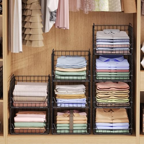 Jakyitvi 5-Tier Stackable Closet Organizer Shelf – Foldable Metal Storage Bins for Clothes, Sweaters & Towels | Stylish Black Wire Baskets for Bedroom, Wardrobe, Dorm or Entryway - Image 7