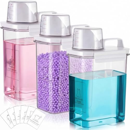 Tatuo 3 Pack Laundry Detergent Dispenser 61 oz Clear Liquid Container with 6 Removable Labels, Fabric Softener Pet Plastic Detergent Dispenser for Laundry Room Organization and Storage by Tatuo