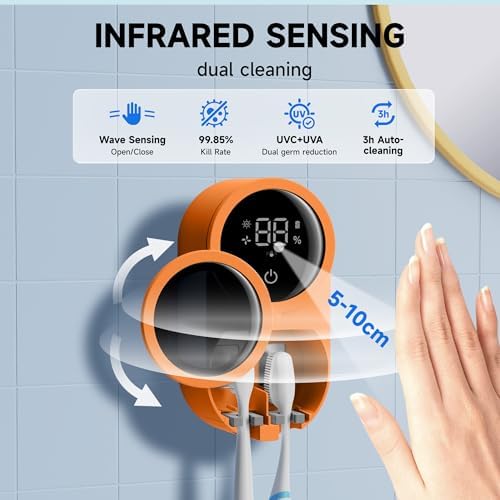 Wall-Mounted Toothbrush Holder for Bathroom, Proximity Sensor Toothbrush Cleaner, Compatible with Most Toothbrush Models, LED Smart Screen, Heating Film Drying, Rechargeable (04Orange) - Image 2