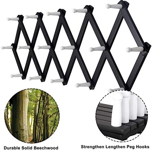 Dseap Accordian Wall Hanger: Wooden Coat Rack Wall Mounted, Hat Racks for Baseball Caps, Mug Rack, 16 Peg Hooks, Black & White - Image 6