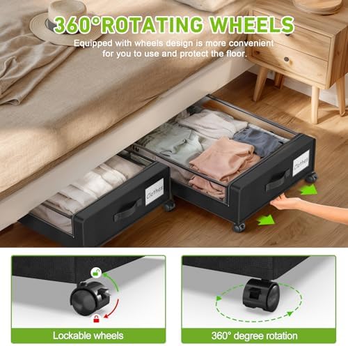 Beborxue Under Bed Storage with Wheels, 2-Pack Under the Bed Storage Containers with Lids, XXL 60L Under Bed Shoes Storage Organizer Bins, Rolling Underbed Storage for Clothes, Shoes, Blankets (Black) - Image 4