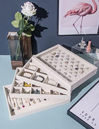 Coward Set of 5 Stackable Jewelry Organizer Tray Necklace Earring Box Storage Ring Bracelet Display Holder (beige(ring+necklace+12girds+24girds+The glass lid)) - Image 6