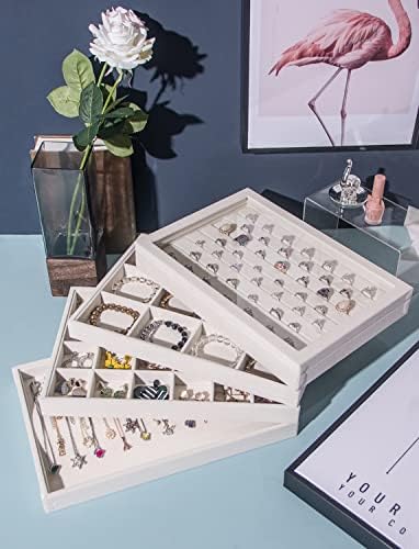 Coward Set of 5 Stackable Jewelry Organizer Tray Necklace Earring Box Storage Ring Bracelet Display Holder (beige(ring+necklace+12girds+24girds+The glass lid)) - Image 6