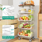 SAYZH 5-Tier Fruit and Vegetable Basket Stand for Kitchen, Wood Top, White - Image 2