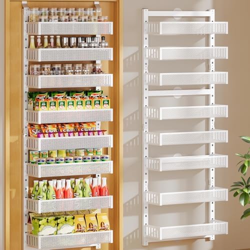 POKIPO 8-Tier Over the Door Pantry Organizer, 2 IN 1 Wall Mount or Hanging Spice Rack with Adjustable Raised Basket, Heavy Duty Back of Door Storage for Kitchen Bathroom Laundry Room by POKIPO