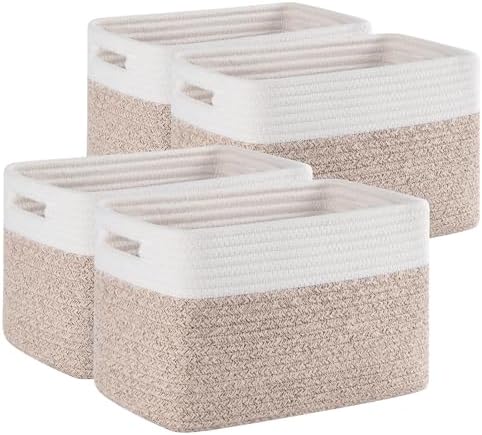 4 Pack Storage Baskets for Organizing, Woven Baskets for Shelves - Perfect for Toys, Books, Towels, and Clothes, Durable Gift Basket Bins Toy Storage, 12.7''Lx9''Wx7.8''H, Brown & White by SIXDOVE