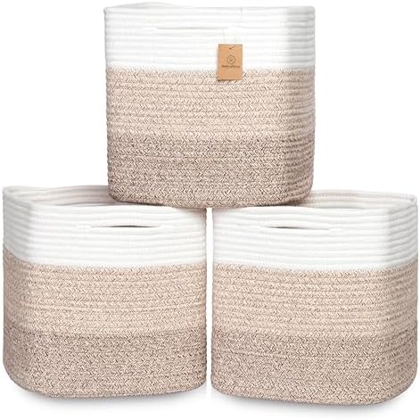 NaturalCozy 13 Inch Cube Storage Bins Cotton Rope Woven Baskets for Organizing 3-Pack | 13 x 13 Storage Cubes | Fabric Square Storage Baskets for Shelves Organizer, Kids Toy Bins, Closet Baby Nursery by NaturalCozy