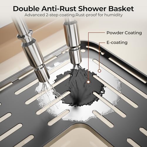 Orimade Rustproof 3 Tier Floor Standing Corner Shower Caddy Organizer with Toothbrush Holder, Large Spacing Floor Shower Shelf Rack Storage Stands with Hooks for Bathroom Kitchen, Black - Image 4