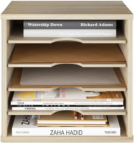 Ballucci 5-Tier File Organizer for Desk, Mail Sorter, Office Desk Organization, Paper Storage Organizers, Folder Holder for Desk, Letter Trays & Stacking Supports, Brushed Wood - Image 2