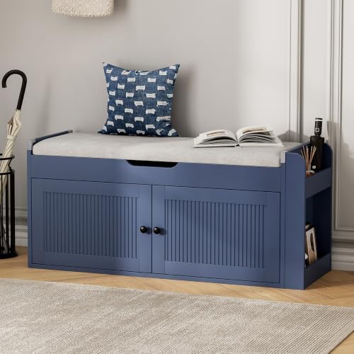 39.4" Storage Bench - Entryway Shoe Bench with Side Storage Shelves and 2 Doors, Multifunctional Entryway Bench with Lift Top Cushion, Shoe Storage Bench for Bedroom, Living Room, Navy Blue by AboutBrand