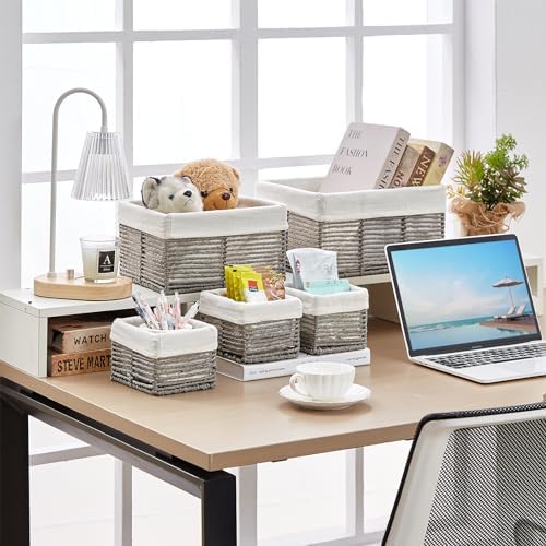 Vagusicc Wicker Storage Basket, Hand-Woven Paper Rope Wicker Baskets, Rectangular Small Wicke Baskets for Organizing, Cube Storage Bins for Closet/Clothes/Dresser, Grey, 5-Pack - Image 4