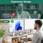 Dual Monitor Stand Riser, Adjustable Length & Swivel Angle Monitor Stand, Ergonomic Monitor Stand with Drawer & Side Pockets, Desktop Organizer and Office Desk Accessories, White - Image 4