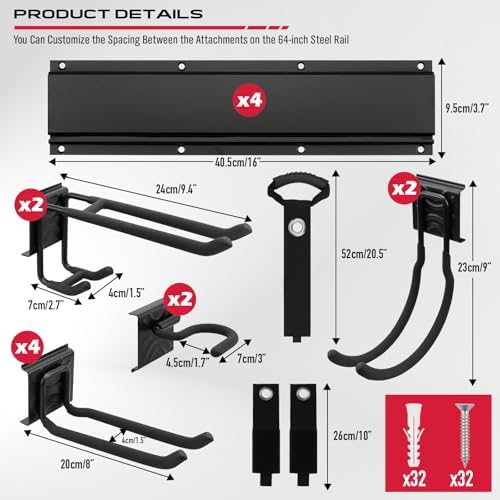 SEDY 64" Heavy Duty Garage Storage Tool Organizer Wall Mount - Tool Rack with Adjustable Hooks, Anti-Rust, 300lbs Capacity - Easy Installation (4 Racks, 10 Hooks, 3 Straps) - Image 3