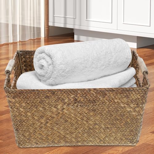 Seagrass Woven Storage Basket with Wood Handles Desktop Organizer - Image 7