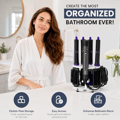 Blow Dryer Accessory Holder for Dyson Airwrap & Shark FlexStyle Only - Wall or Countertop Organizer for Hair Tools - Storage Rack for 9 Styling Attachments - Black (Blow Dryer Not Included) - Image 3