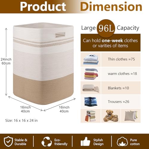 96L Extra Large Cotton Rope Laundry Basket for Bedroom & Laundry Room, Tall Clothes Hamper with Sturdy Handles, Neutral Storage Bin Capable of Holding Blankets and Toys - Image 4