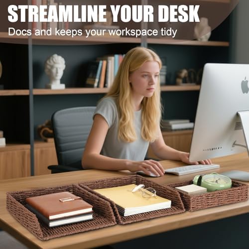 Geelin 3 Pack Paper Rope Woven Stackable Letter Paper Tray, Brown - Image 4