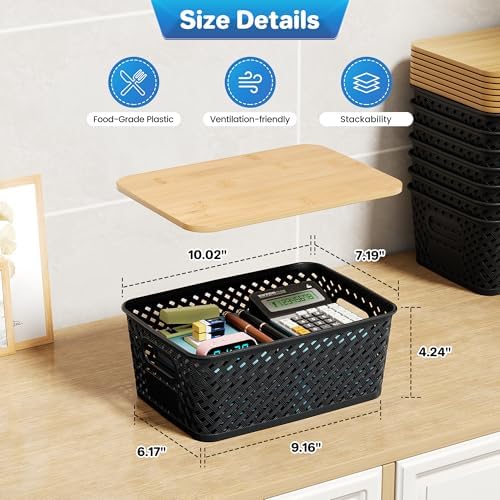 Anysig 8 Pack Plastic Storage Bins with Bamboo Lids, 5.2 QT Stackable Bins - Image 2