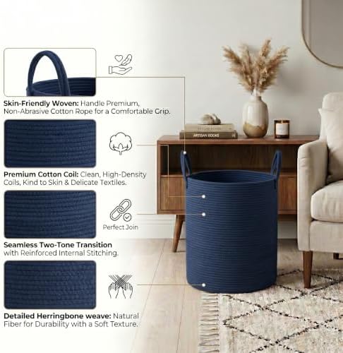 Large Cotton Rope Laundry Basket 80L, Navy Blue Woven Storage Basket with Handles, Decorative Clothes Hamper for Bedroom Living Room, Tall Blanket Basket for Towels Pillows, Modern Organization - Image 3