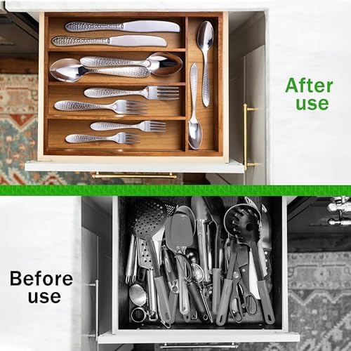 Greenual Acacia Wood Silverware Organizer 10 In Utensil Organizer Silverware Tray for Drawer Cutlery Flatware Organizer for Kitchen - Image 5