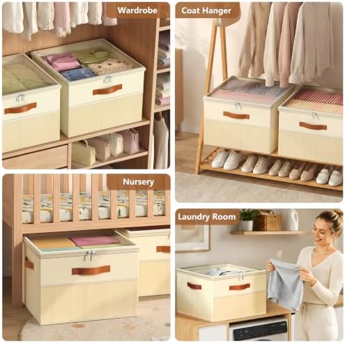 Shoe Organizer for Closet,2 Pack Foldable Shoe Storage Organizer Box Bin with Adjustable Dividers and Clear Cover, Fits up to 16-32 Pairs（Beige） - Image 7