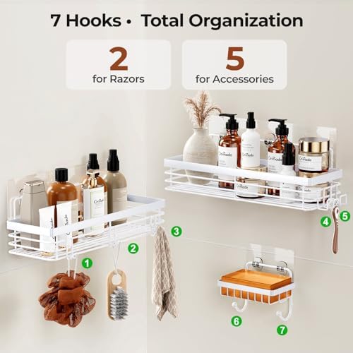 Orimade Adhesive Shower Caddy Soap Dish Holder Shelf with 5 Hooks Bathroom Organizer Basket Kitchen Storage Rack Wall Mounted No Drilling Stainless Steel - 3 Pack, White - Image 7