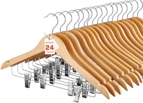 HOUSE DAY Wooden Hangers with Clips 24 Pack, Suit & Pants Hangers, Natural by HOUSEDAY