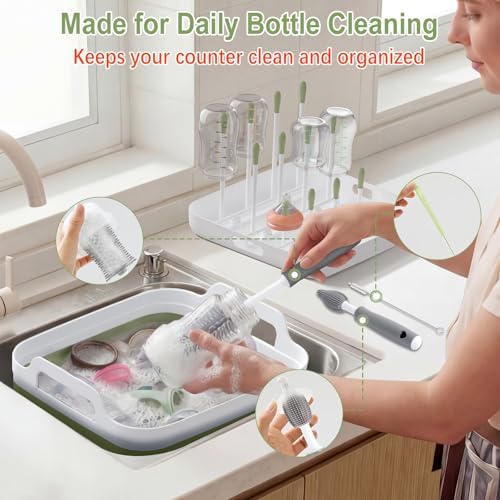 Yecuip Collapsible Baby Bottle Wash Basin w/Drying Rack & Drain Plug, Green - Image 2