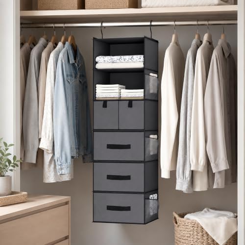 6-Shelf Hanging Closet Organizer with 5 Drawers, Gray - Black Handles - Image 4