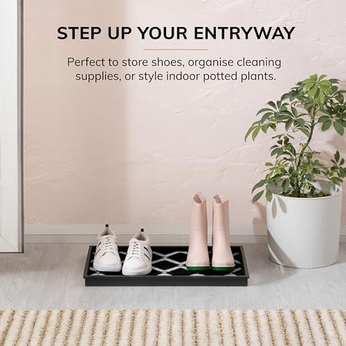 Anji Mountain Heavy Duty Waterproof Rubber Shoe Storage Mat Organizer/Boot Storage Multi Use for Entryway with Coir, Black and Ivory Diamond Insert, Fits 2 Pair (24.5" Wide) - Image 2