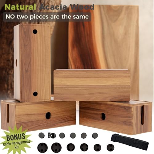 Large Cable Management Box Acacia Wood Cord Organizer Power Strip & Cables - Image 7