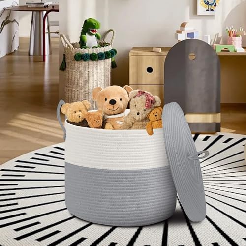 18" X 14" Large Wicker Basket with Lid, Blanket Basket Living Room, Woven Cotton Rope Storage Bin, Kids Dog Toy Storage Bin Box, Tall Laundry Hamper, Blankets Pillows Organizer Holder - Image 3