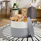 18" X 14" Large Wicker Basket with Lid, Blanket Basket Living Room, Woven Cotton Rope Storage Bin, Kids Dog Toy Storage Bin Box, Tall Laundry Hamper, Blankets Pillows Organizer Holder - Image 3