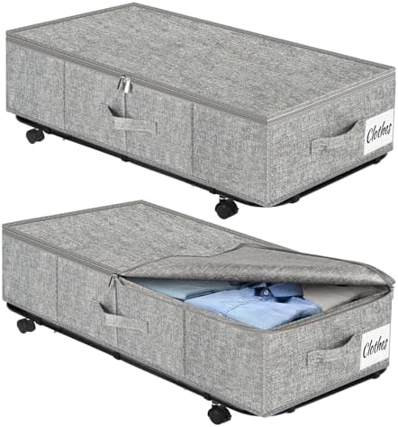 Large Sturdy Under Bed Storage with Wheels, 2 Pack 50L Rolling Underbed Storage Bins, Under Bed Containers Drawer with Metal Bottom Support, Bedroom Organizer with Lids for Clothes, Shoes, Blankets by KUKIKAN