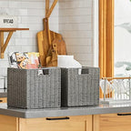 Vagusicc Wicker Storage Basket, Set of 2 Hand-Woven Storage Baskets for Shelves with Handles, Foldable Cube Storage Baskets Bins Organizer 13 inch Large Wicker Baskets for Pantry Bedroom Decor, Grey - Image 4