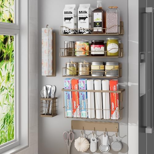 Magnetic Spice Rack for Refrigerator, 7 Pack Magnetic Fridge Shelf for Kitchen Organization Storage, Moveable Spice Organizer W/Paper Towel Holder, Utensil Caddy, Cutting Board Rack (Brown) by IYEBAU
