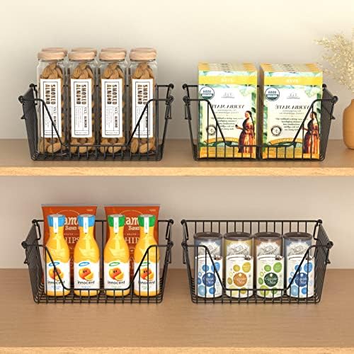 Slideep 14'' Black Stackable Storage Baskets Sturdy Metal Wire Freezer Bins Cabinet Organizer for Pantry Home Kitchen Organization- Set of 6 - Image 4
