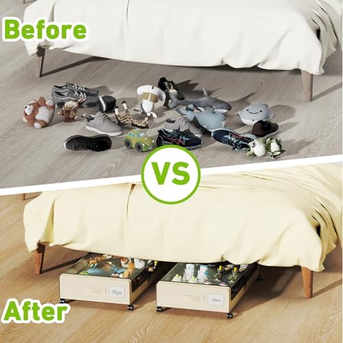 Tututry Under Bed Storage with Wheels, XXL 60L Under the Bed Storage Bins, Underbed Storage Containers with Lids & Label, Rolling Metal Drawer for Shoes, Clothes, Books, Toys (4-Pack Beige) - Image 6