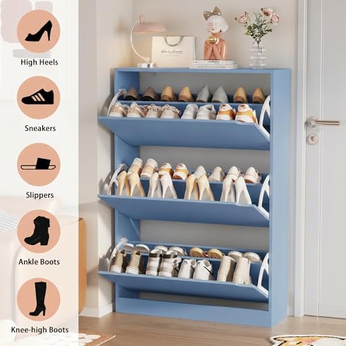 Shoe Storage Cabinet, Wood Shoe Organizer for Entryway with 3 Flip Drawers, Freestanding Shoe Rack with Adjustable Shelf, Narrow Shoe Dresser for Front Door Entrance (Blue, Standard 3 Drawers) - Image 4