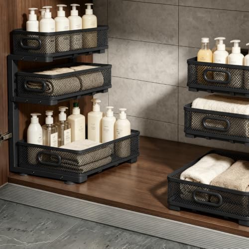1 Pack 3 Tier Under Sink Organizer with Pull Out Drawer, Height Adjustable Heavy Duty Metal Under Cabinet Organizer, Smooth Sliding Storage Shelf for Kitchen, Bathroom Cabinet Organization, Black - Image 5