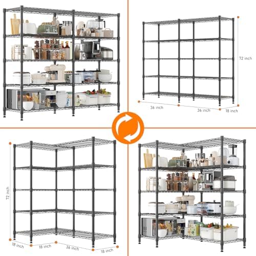 Homdox 5-Tier Adjustable Metal Storage Shelves, Space-Saving Corner Rack for Kitchen, Pantry, Office, Garage, Books & Plants, 18"x72"x72", Black - Image 2