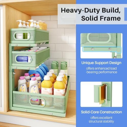 Under Sink Organizer, 3-Tier Thickened Metal Pull out Cabinet Organizer Shelf, Height Adjustable Slide out Storage Drawer Rack for Kitchen Bathroom Pantry Laundry Home Organization, 2-Pack, Green - Image 6