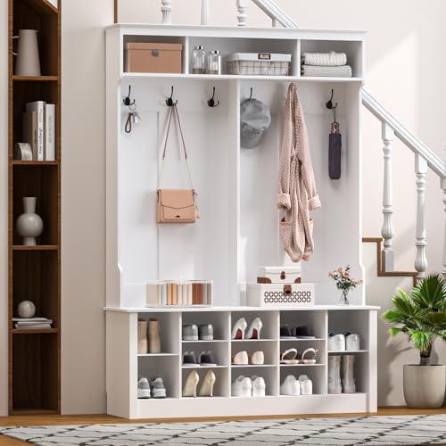 Wodeer Hall Tree with Bench and Shoe Storage, 53" Farmhouse 4-in-1 Mudroom Storage Organizer with Coat Rack, 6 Hooks, 12 Shoe Cubbies, Adjustable Shelf, for Entryway, Hallway, Living Room, White - Image 2