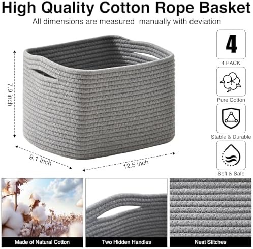 ICERZCZ Small Storage Baskets for Shelves Organizing, Woven Cotton Rope Baskets for Storage, Book Basket, Decorative Shelf Basket, 12.5"Lx9.1''Wx7.9''H (4 Packs) Grey - Image 3