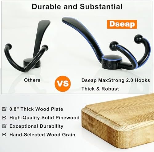 Dseap Coat Rack Wall Mounted - 24" Long 6 Tri Hooks, Heavy Duty Wooden Wall Coat Hanger Coat Hook for Clothes Hat Jacket Clothing, Weathered Light Natural and Black - Image 3