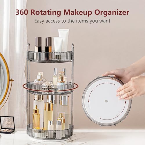 INVSSENE 360° Rotating Makeup Organizer, Bathroom Make Up Spinning Holder Rack, Large Capacity Cosmetics Storage Vanity Shelf Countertop, Fits Cosmetics, Perfume, Skincare, Lipsticks(3 Tiers, Gray) - Image 2