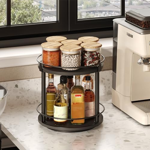 YATINEY Lazy Susan Organizer, Rotating Spice Rack, 2 Tier Spice Turntable Organizer, Industrial Turntable Spice Holder, for Kitchen Countertop and Cabinet, Compact and Versatile, Black SR22BK - Image 4